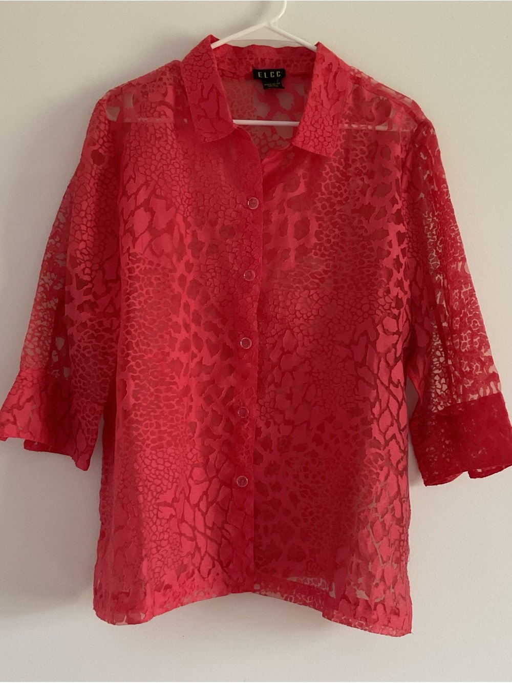 Erin London Womens Top Red Sheer Button Up 3/4 Sleeve Size XL Animal Print
